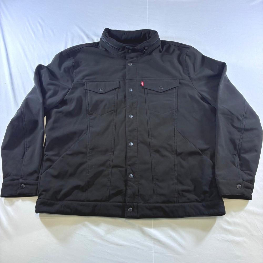 Levis Mens Softshell Trucker Jacket Black Fleece Lined Hidden Hood XXL